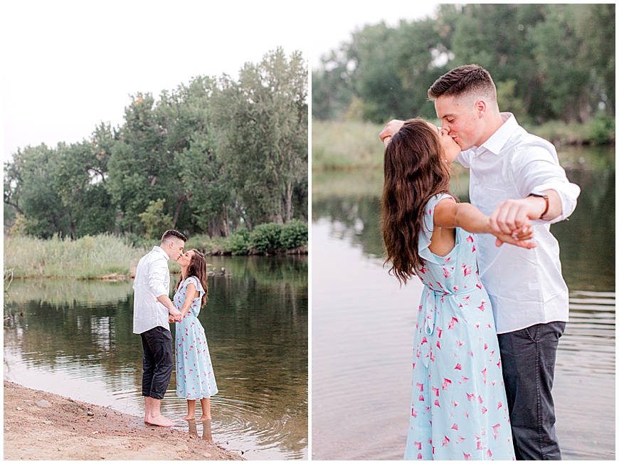 Couple in river engagement session at chatfield state park