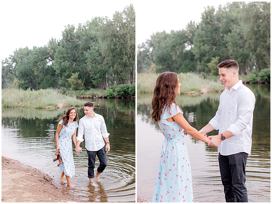 Couple in river engagement session at chatfield state park