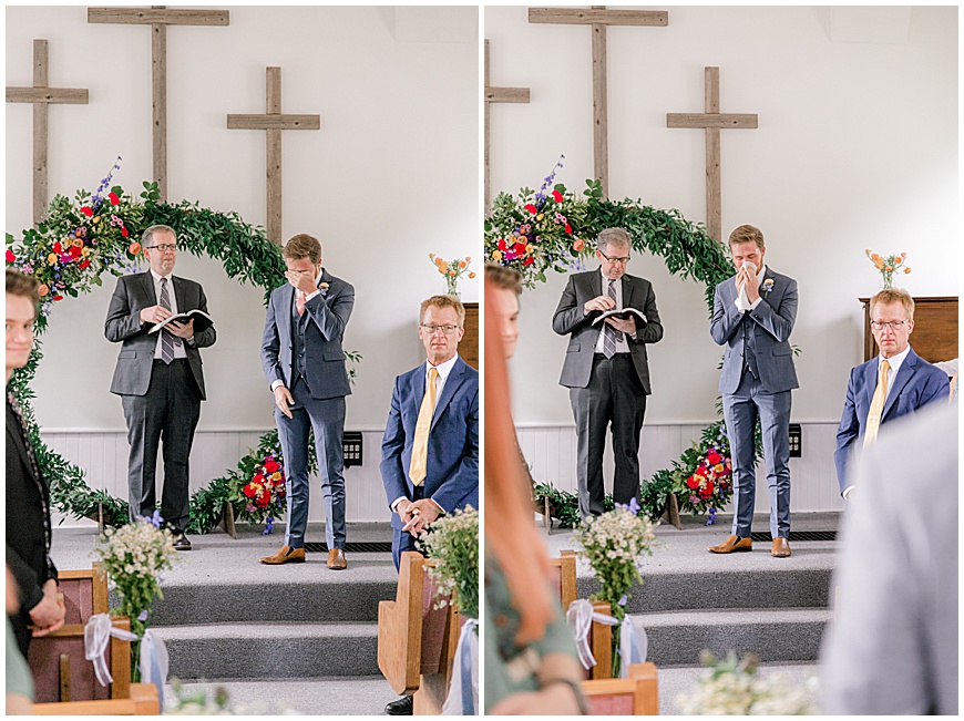 Groom reacts to bride walking down the aisle