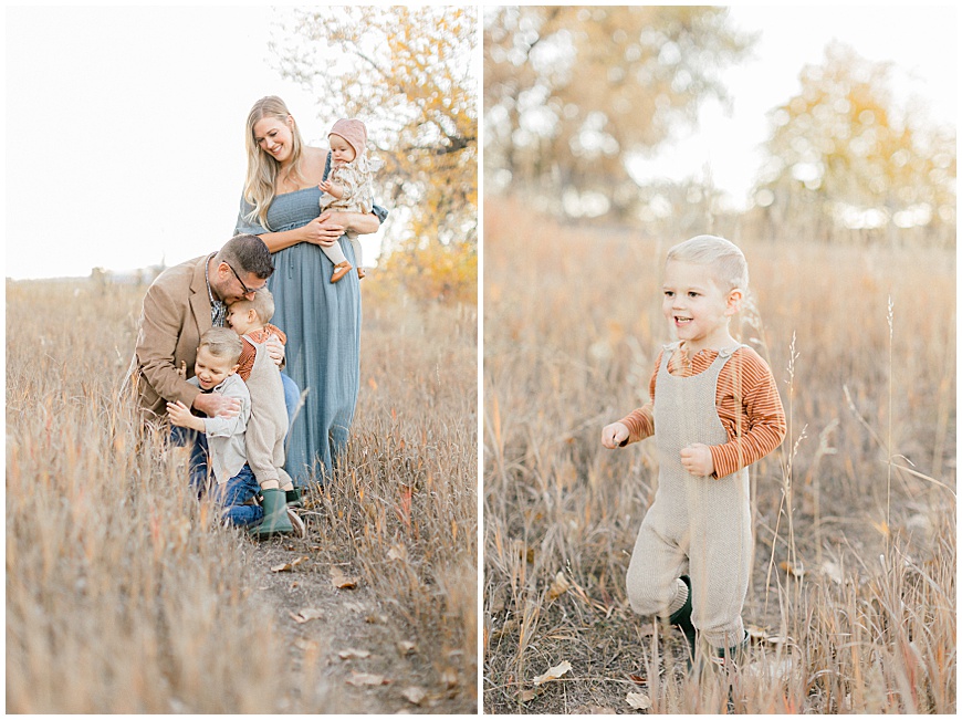 Family photoshoot with mom, dad, and three kids in a field.