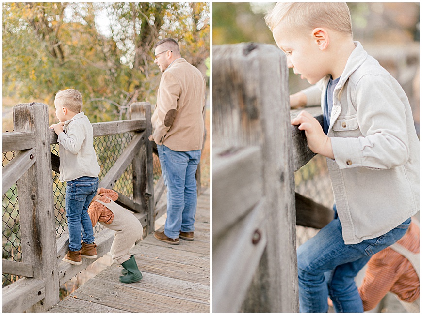 Family photoshoot of kids and father standing on a bridge.