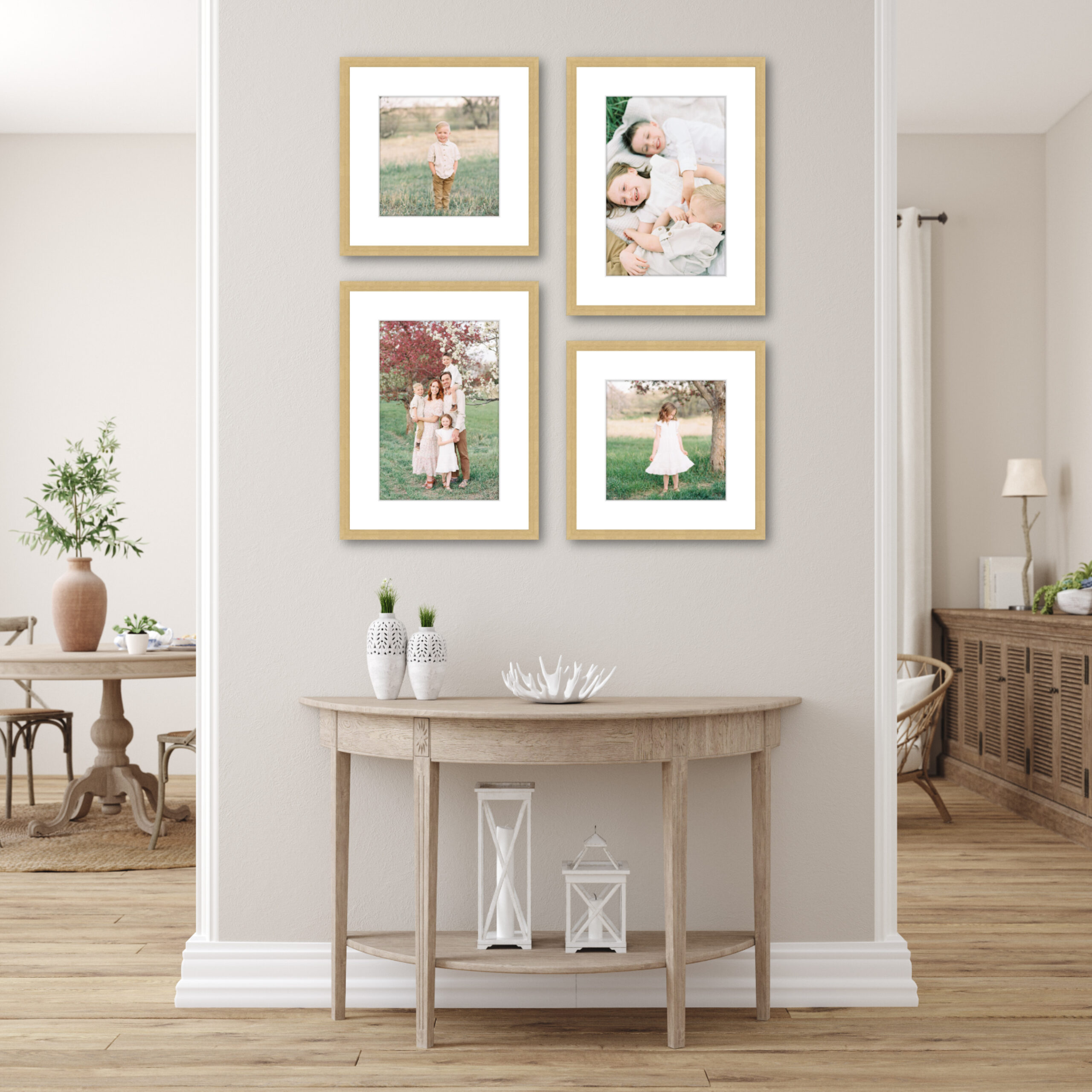 family photos in a gallery wall above entry table