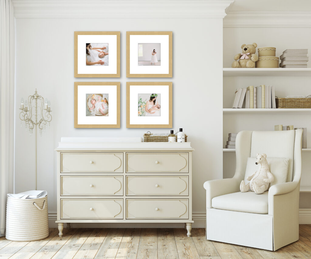 Four prints in white oak frames over changing table in nursery.