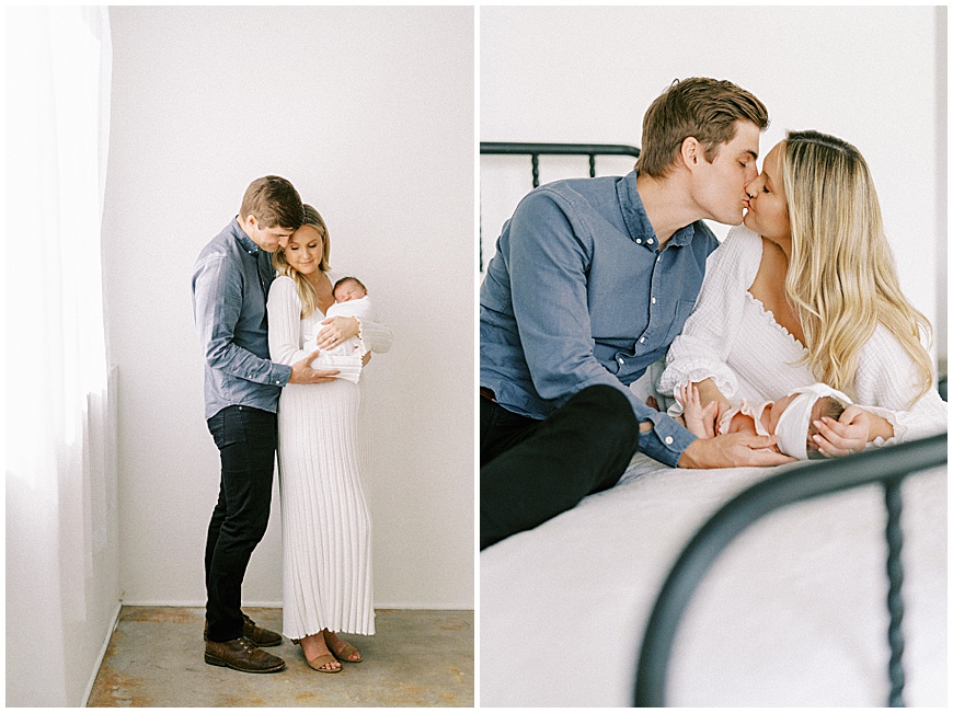 In studio newborn session with mom, dad, and baby.