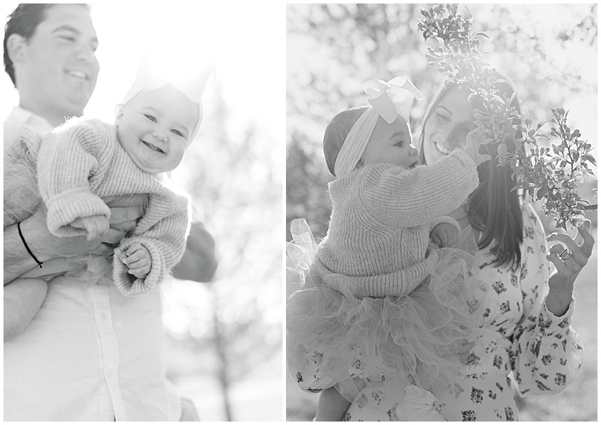 black and white images of baby with mother and father.
