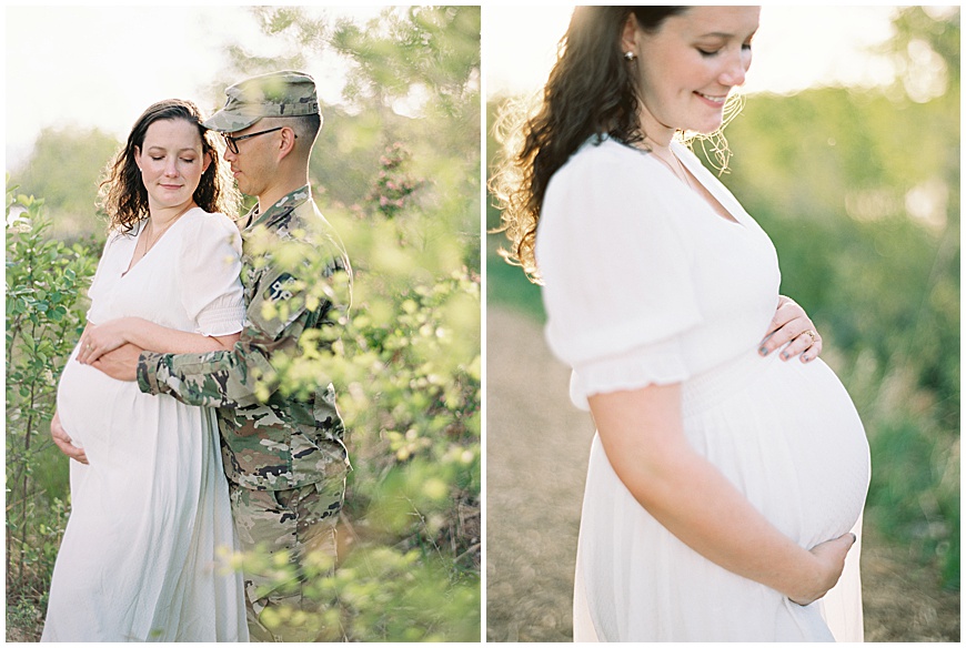 Maternity photoshoot featuring  pregnant mother and her husband smiling in field.