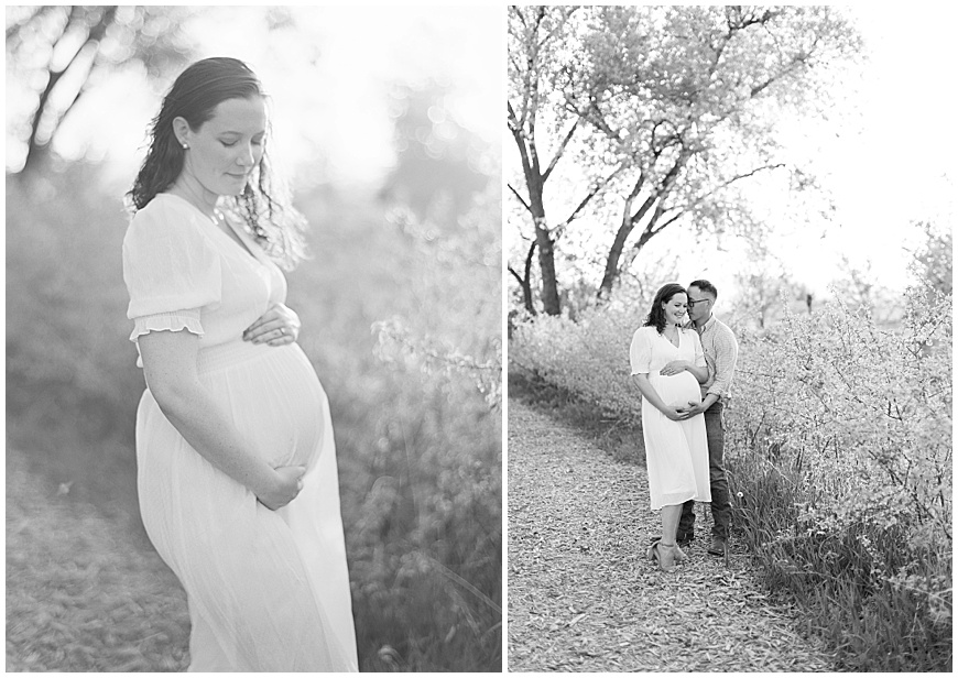 Photography membership featuring pregnant mother and her husband smiling in field during their Denver maternity session.