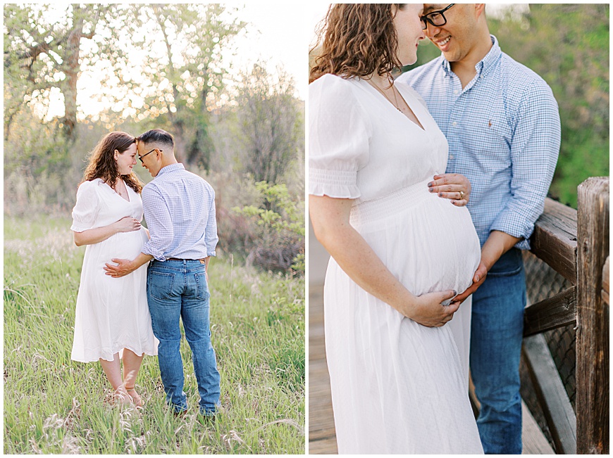 pregnant mother and her husband smiling in field during their denver maternity session