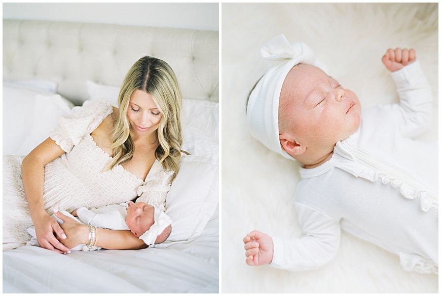 mother and baby on white bed during denver newborn session