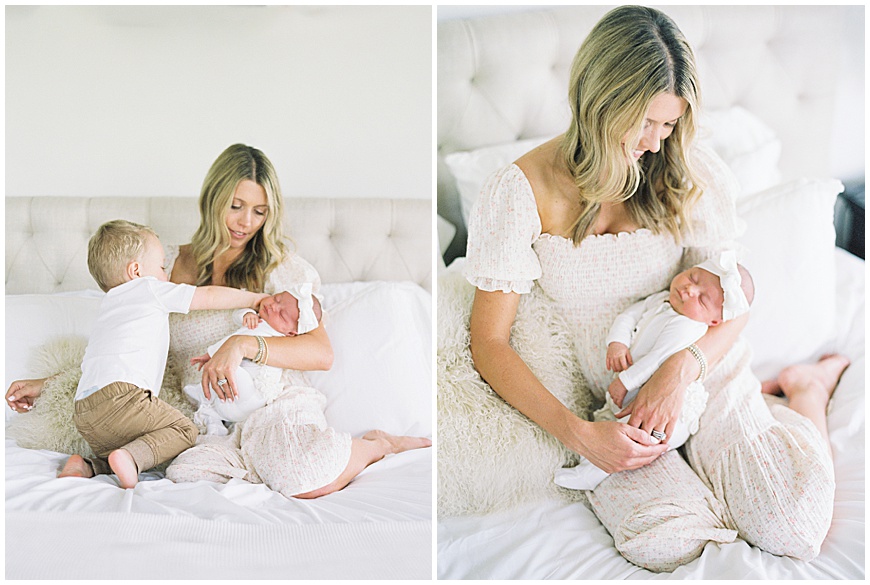 mother and her two children on bed during denver newborn session