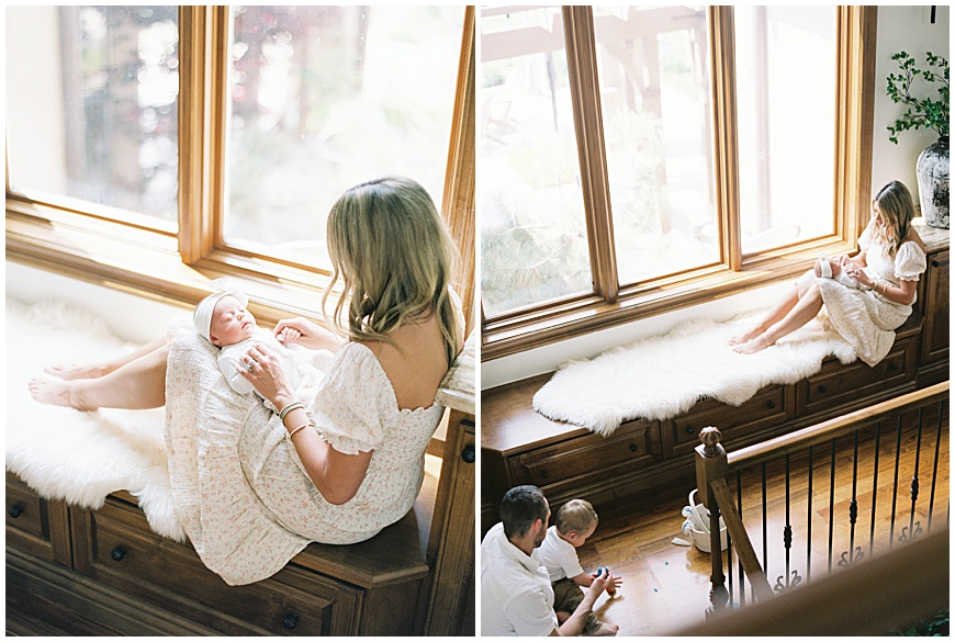 mother and family on stairs during denver newborn session