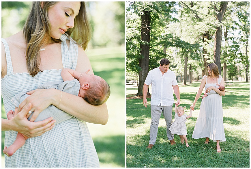 Newborn baby, mother and father outside holding hands during newborn session