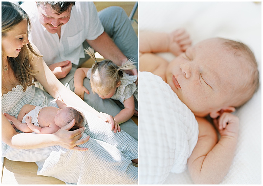 newborn baby, mother and father in bed during newborn session