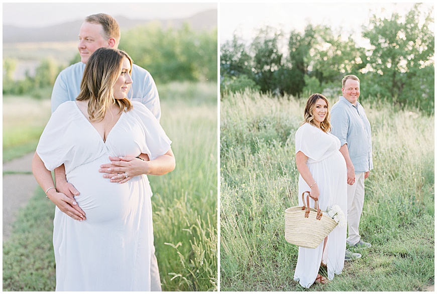 pregnant mother and father in front of mountains in field during maternity session