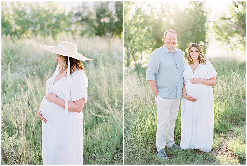 pregnant mother and father in front of mountains in field during maternity session