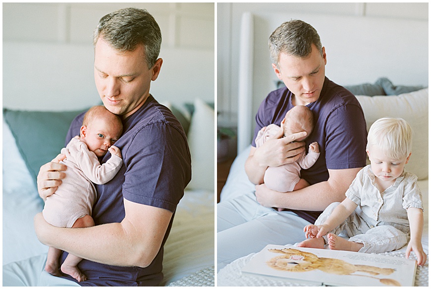 Father with Newborn and sibling: Loving Father cradling his newborn baby girl and her older brother, reading a book together on the bed during their newborn session.
