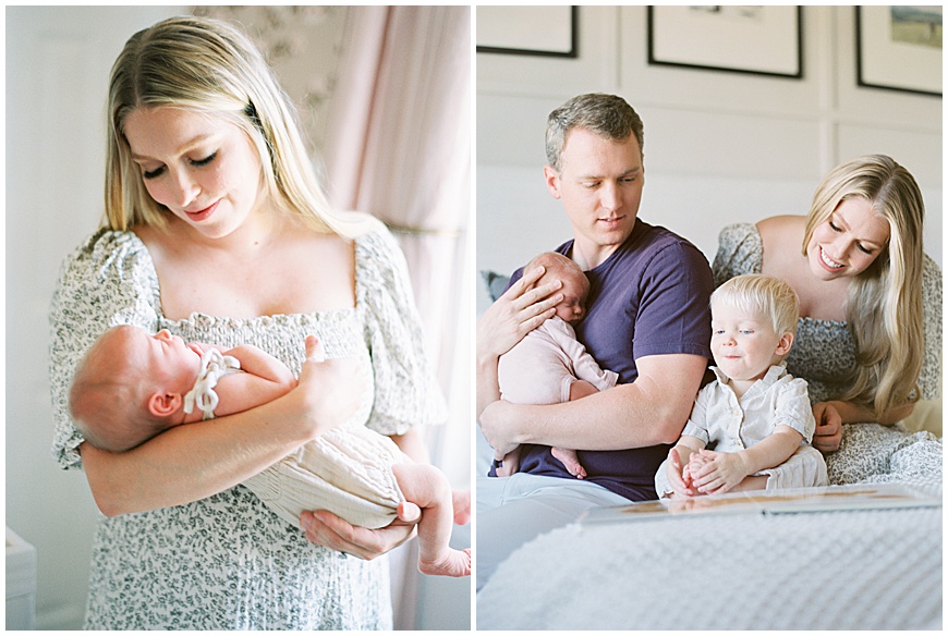Parents with Newborn and Sibling: Loving Parents cradling their newborn baby girl and their excited young sibling, radiating joy and connection.