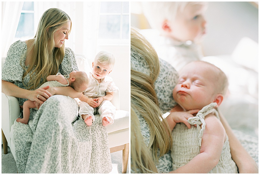 Mother with Newborn and Sibling: Loving Mother cradling her newborn baby girl and her excited young sibling, radiating joy and connection.