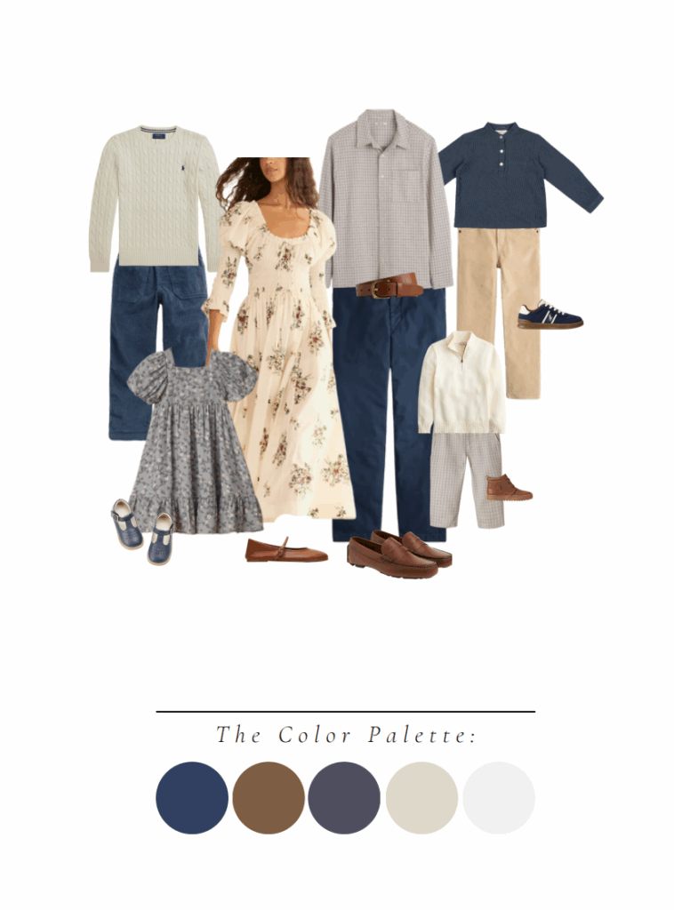 Classic family outfit inspiration for fall photos in Greenville SC”
Navy button-downs, ivory knits, and soft gray trousers.